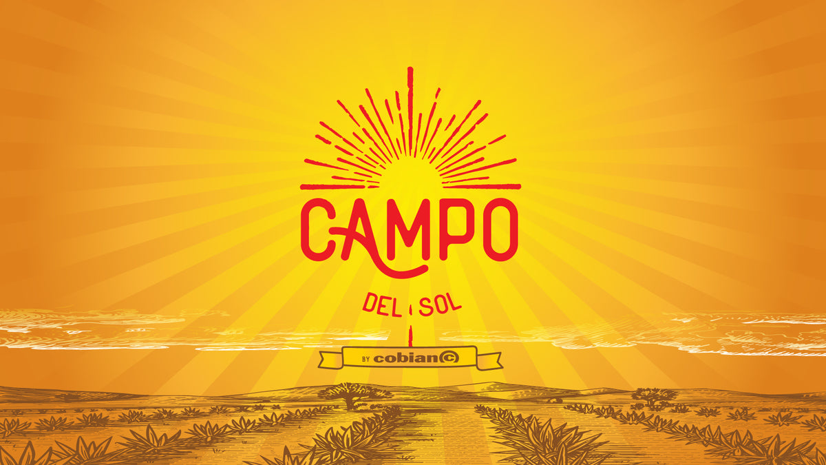 Bright orange sunburst banner with the words CAMPO DEL SOL in red over a desert landscape.