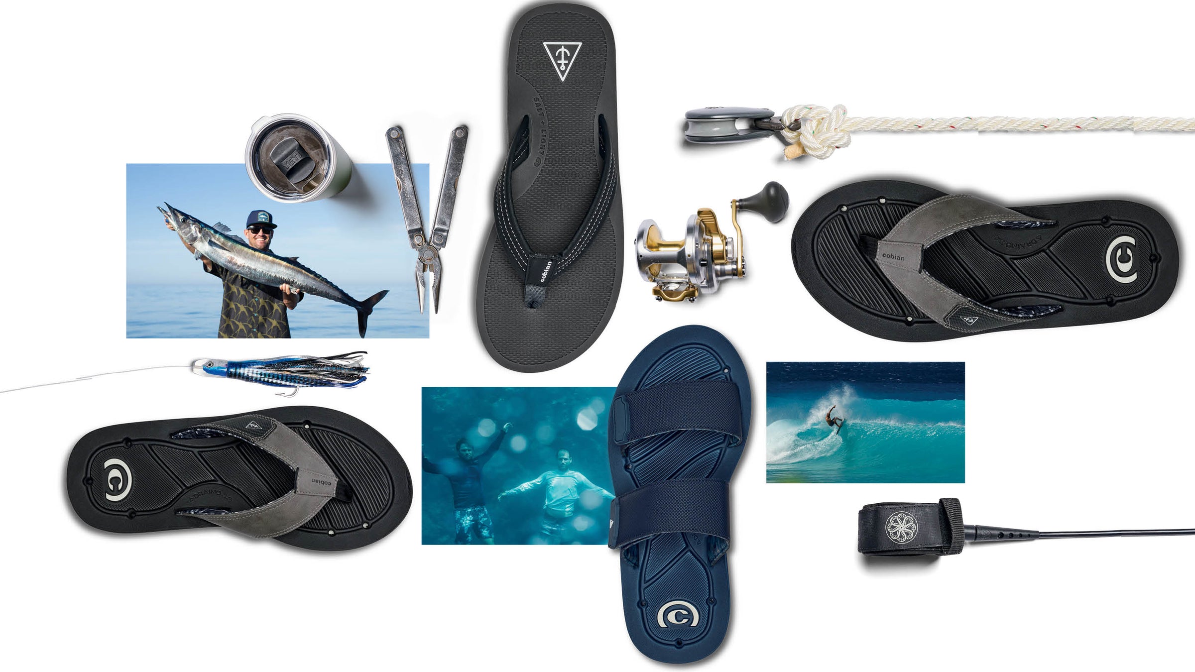 Collage of fishing gear including flip-flops, lure, fishing reel, rope, and wave photos